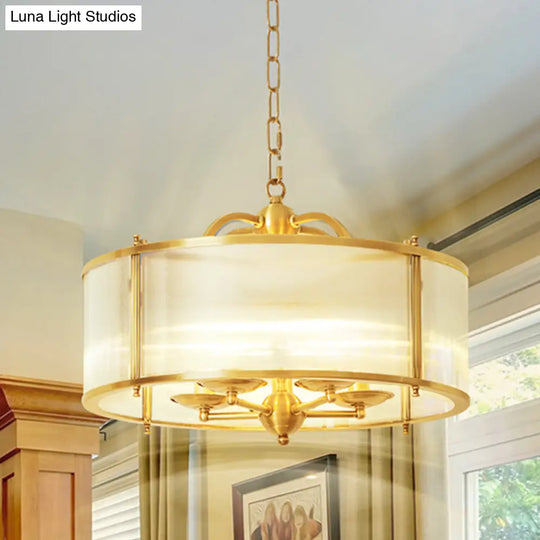 Colonial Frosted Ribbed Glass Drum Kitchen Chandelier - 4/5 Heads Gold Hanging Light Fixture 5 /