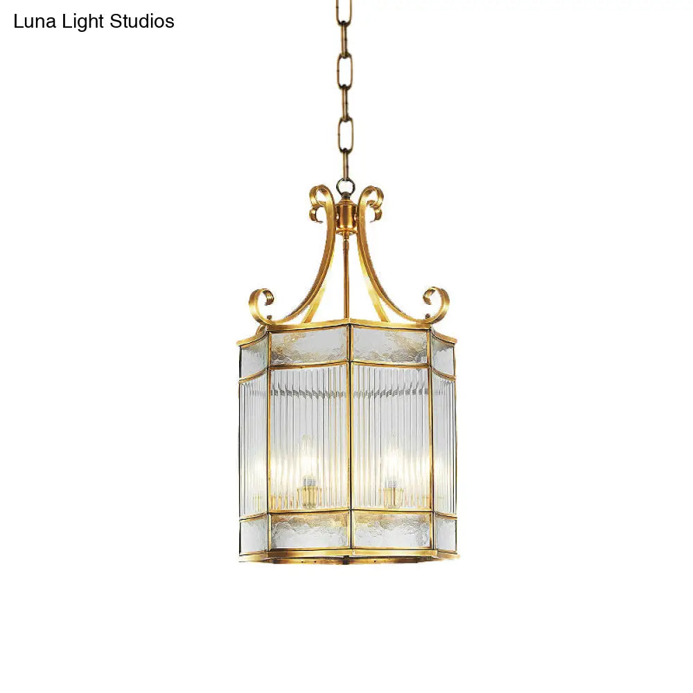 Colonial Gold Clear Prismatic Glass Chandelier - 22/23 H Cylinder Pendant Lamp 4 Bulbs Ideal For