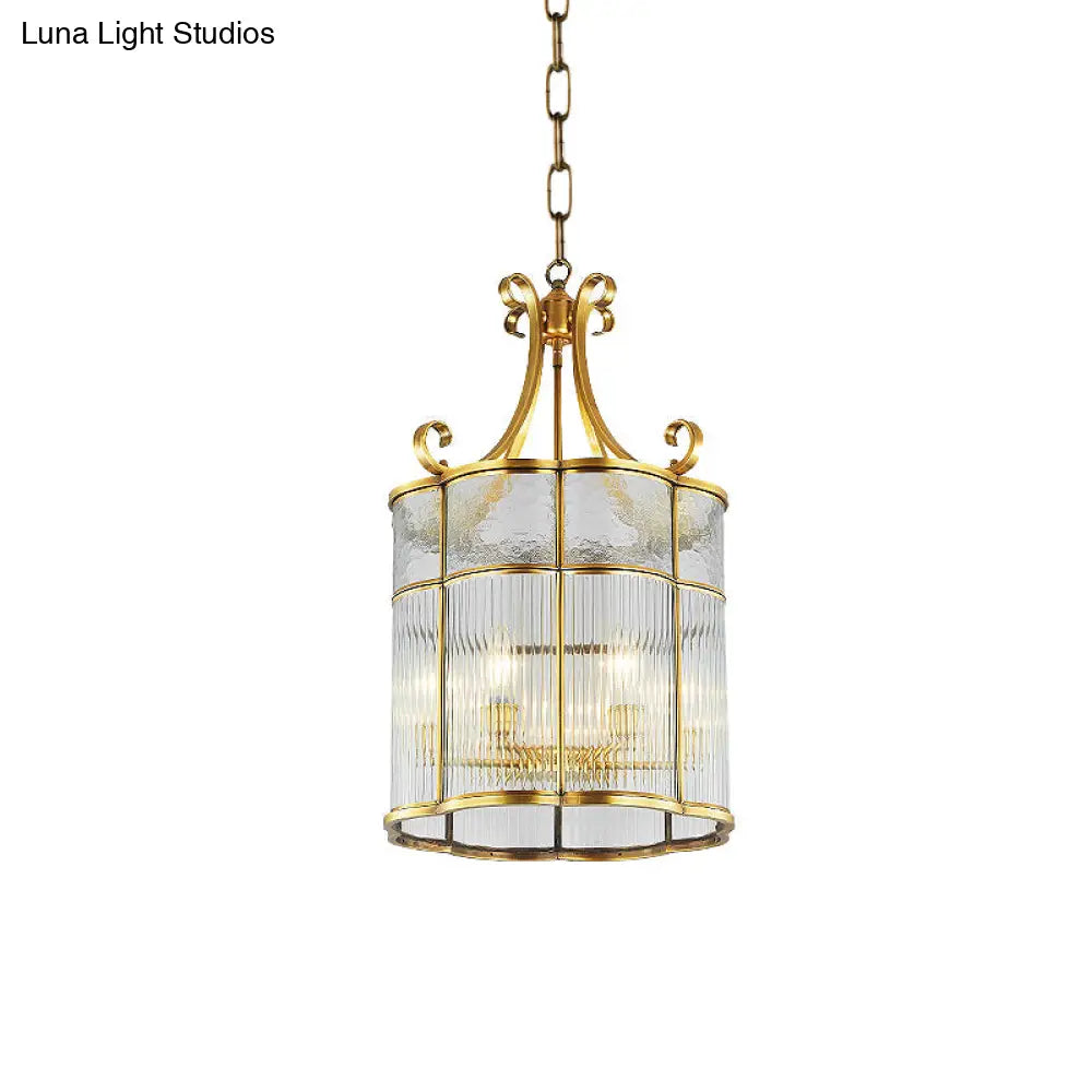 Colonial Gold Clear Prismatic Glass Chandelier - 22/23 H Cylinder Pendant Lamp 4 Bulbs Ideal For