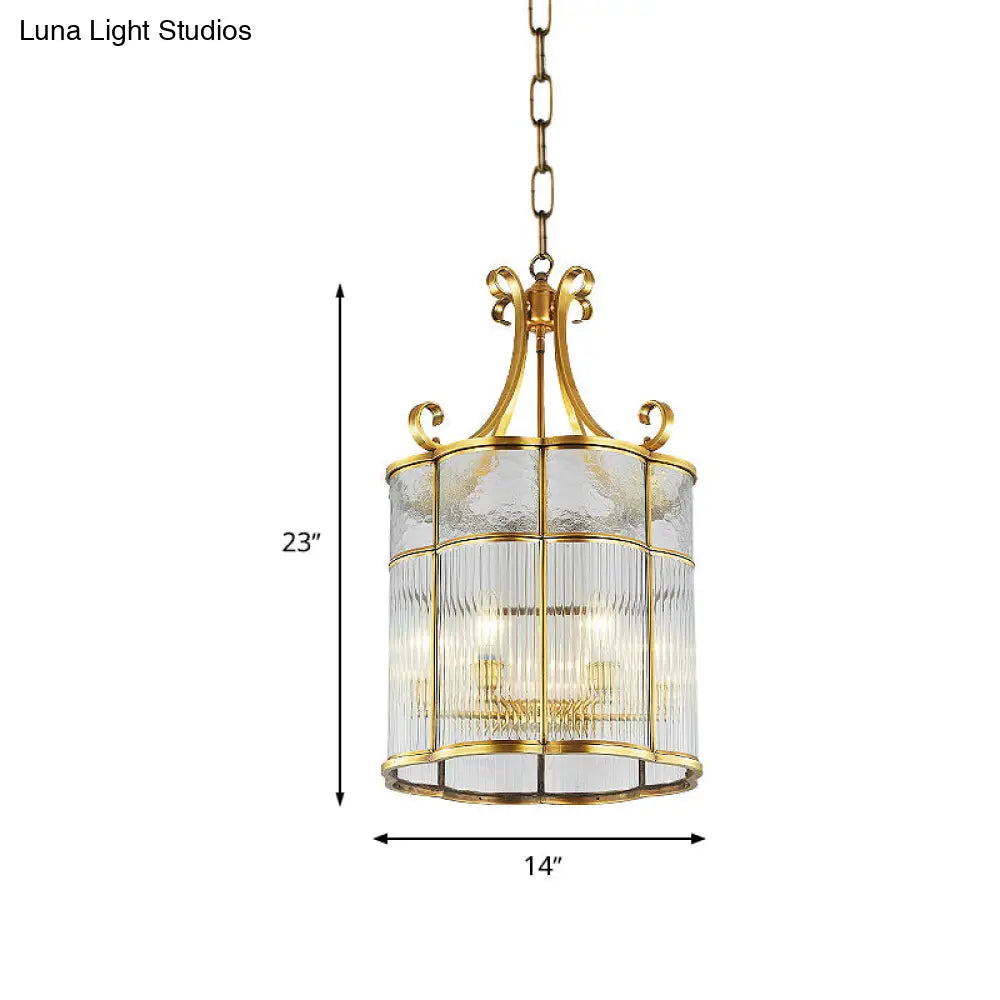 Colonial Gold Clear Prismatic Glass Chandelier - 22/23 H Cylinder Pendant Lamp 4 Bulbs Ideal For