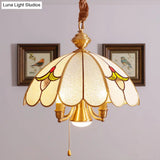 Colonial Gold Frosted Glass Chandelier - 5 Bulbs Scallop Pendant Lamp For Study Room