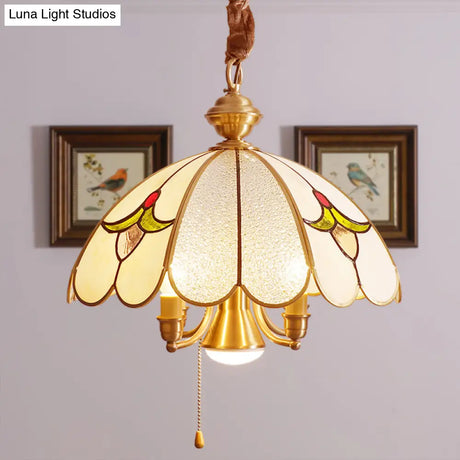 Colonial Gold Frosted Glass Chandelier - 5 Bulbs Scallop Pendant Lamp For Study Room