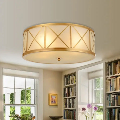 Colonial Gold Glass Ceiling Lamp With Trellis Cage - Bedroom Flush Light 4 /