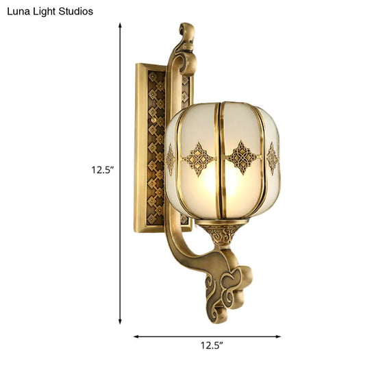 Colonial Gold Lantern Wall Sconce Light With Frosted Glass - Single Bulb Bedroom Lamp