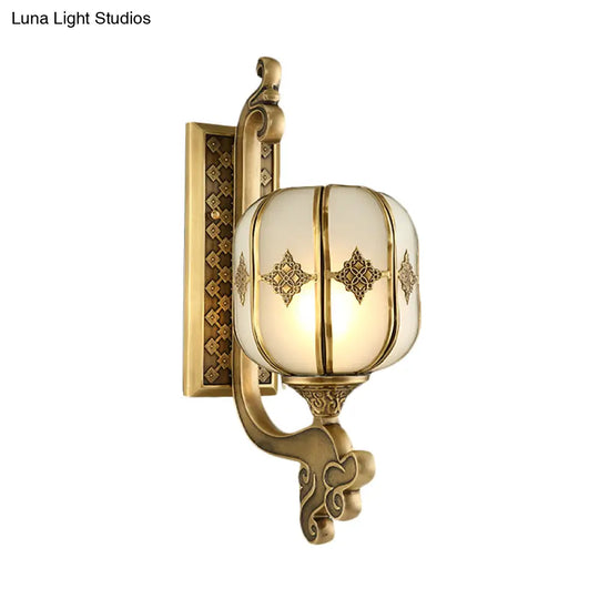 Colonial Gold Lantern Wall Sconce Light With Frosted Glass - Single Bulb Bedroom Lamp