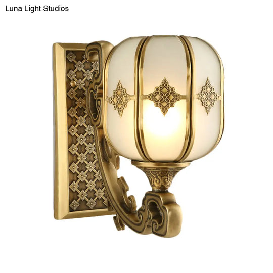Colonial Gold Lantern Wall Sconce Light With Frosted Glass - Single Bulb Bedroom Lamp
