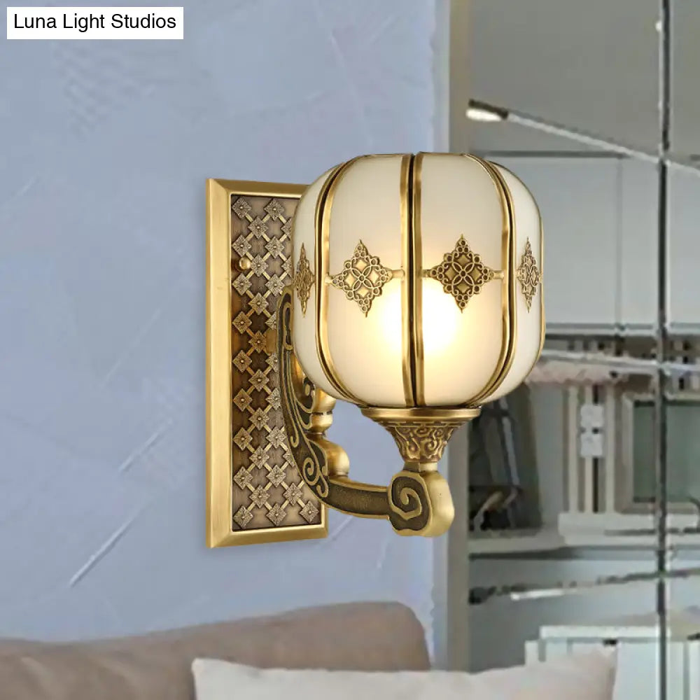 Colonial Gold Lantern Wall Sconce Light With Frosted Glass - Single Bulb Bedroom Lamp