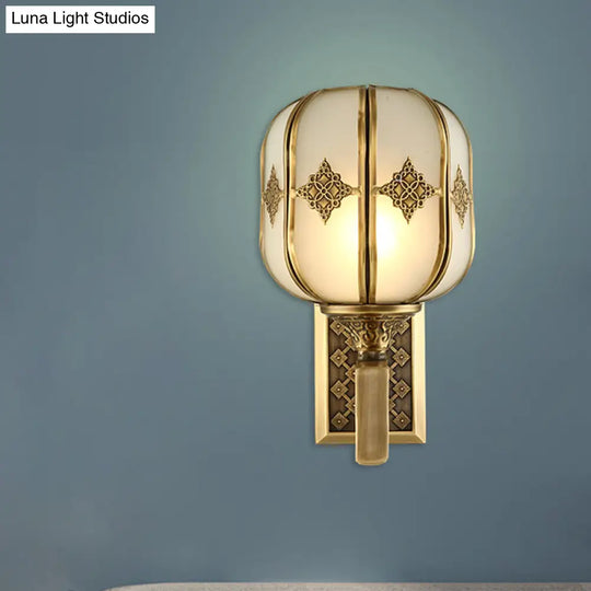 Colonial Gold Lantern Wall Sconce Light With Frosted Glass - Single Bulb Bedroom Lamp