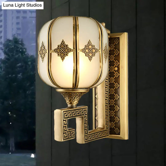 Colonial Gold Lantern Wall Sconce Light With Frosted Glass - Single Bulb Bedroom Lamp