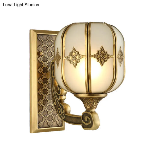 Colonial Gold Lantern Wall Sconce Light With Frosted Glass - Single Bulb Bedroom Lamp