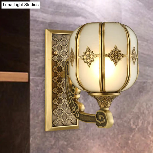 Colonial Gold Lantern Wall Sconce Light With Frosted Glass - Single Bulb Bedroom Lamp