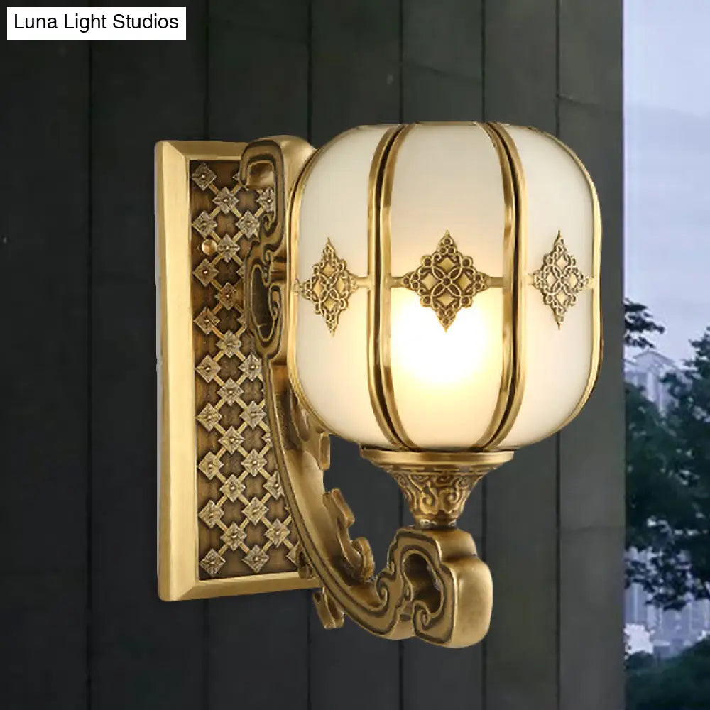 Colonial Gold Lantern Wall Sconce Light With Frosted Glass - Single Bulb Bedroom Lamp