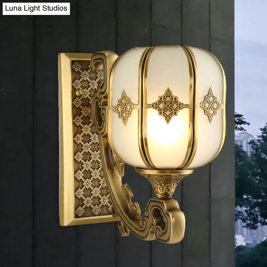 Colonial Gold Lantern Wall Sconce Light With Frosted Glass - Single Bulb Bedroom Lamp
