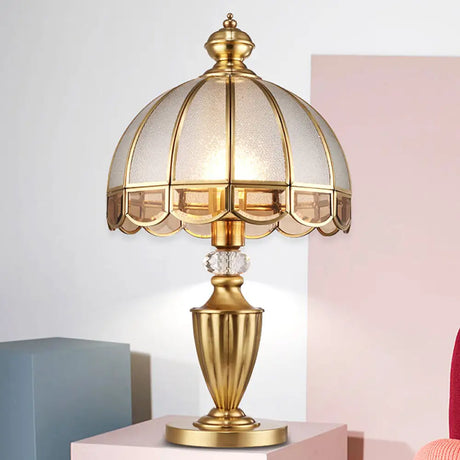 Colonial Gold Metal Table Lamp With Frosted Glass Shade And Crystal Accent
