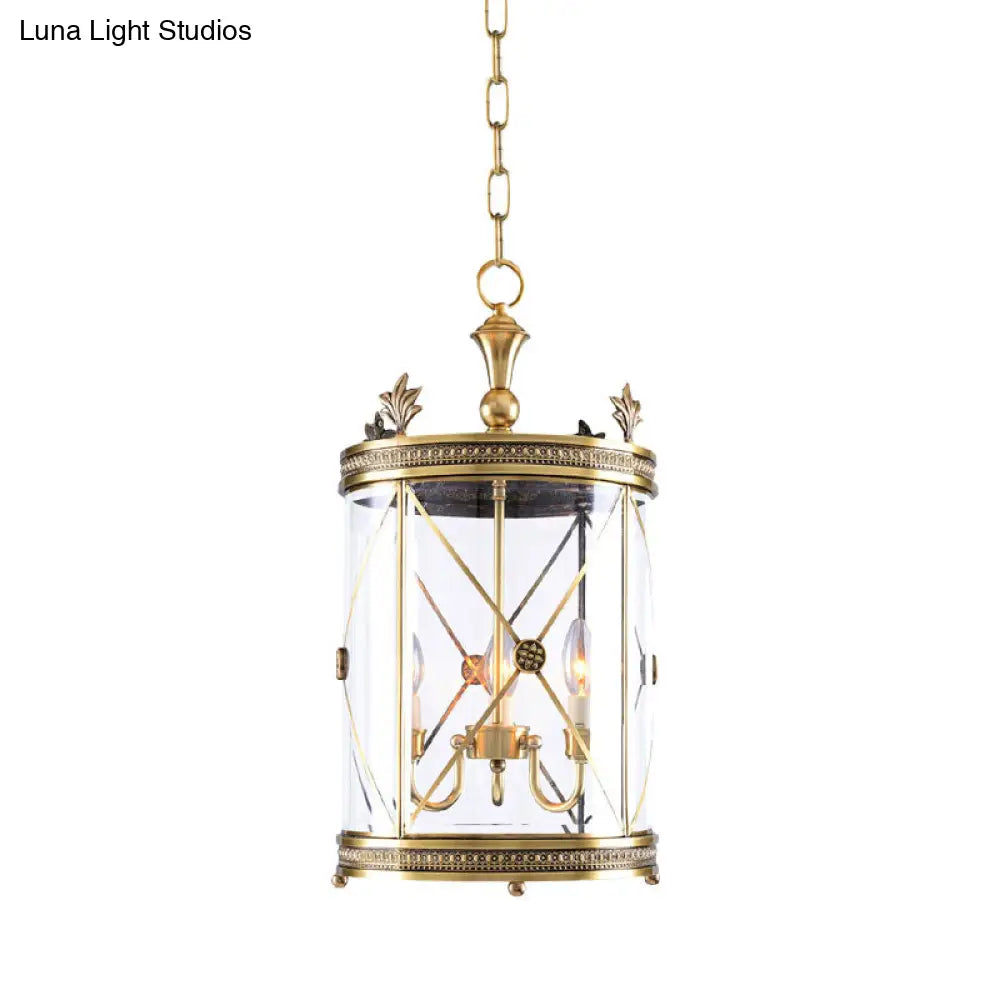 Colonial-Inspired Triple Head Clear Glass Chandelier In Gold - Cylindrical Pendant Lighting Fixture
