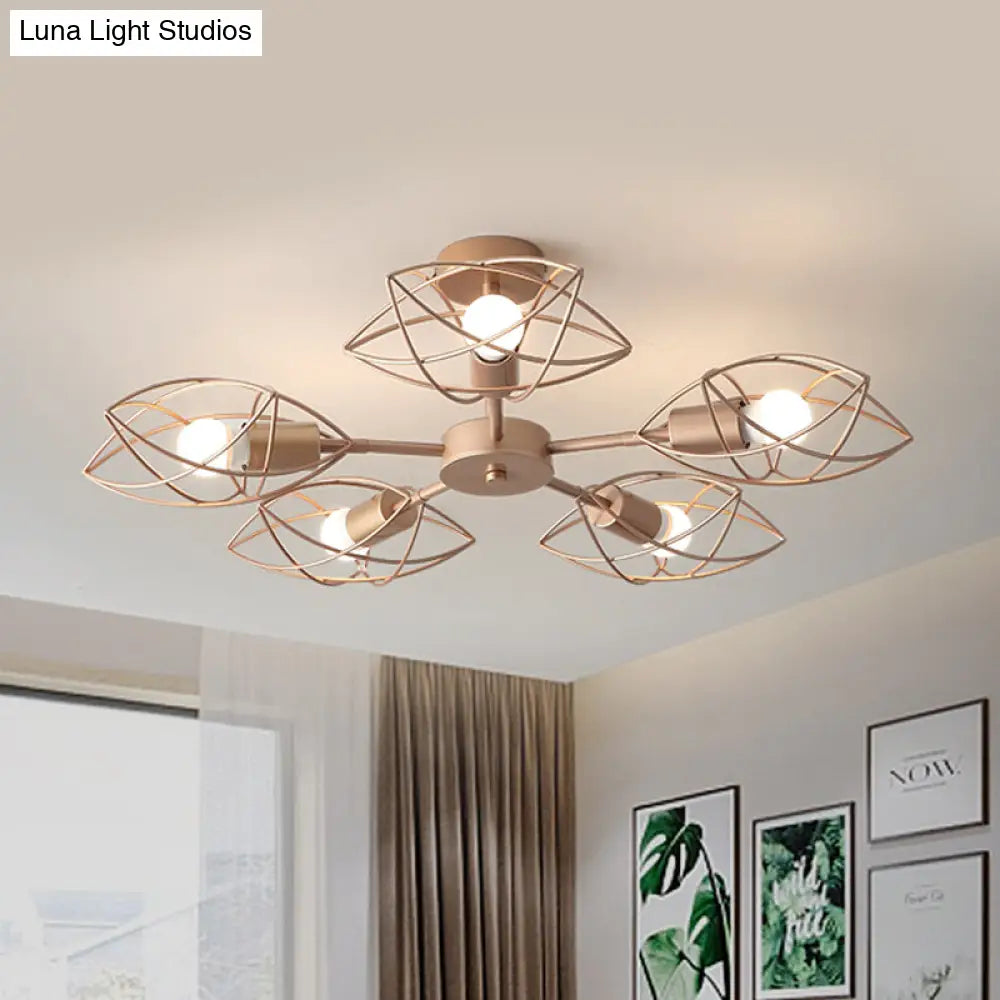 Colonial Iron Star Cage Gold Semi Flush Mount - 5 - Light Close To Ceiling Lighting Fixture For