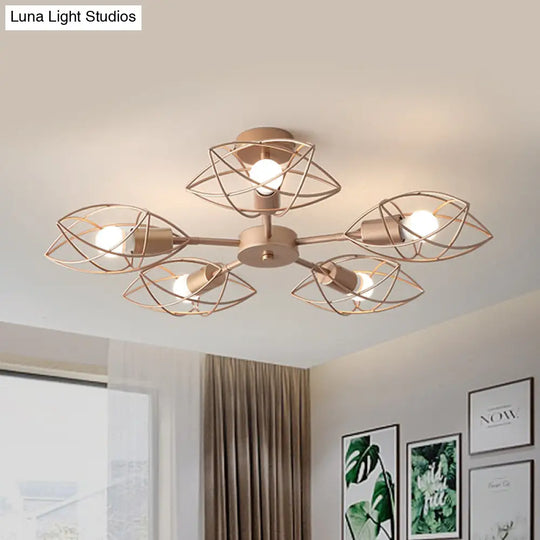 Colonial Iron Star Cage Gold Semi Flush Mount - 5 - Light Close To Ceiling Lighting Fixture For