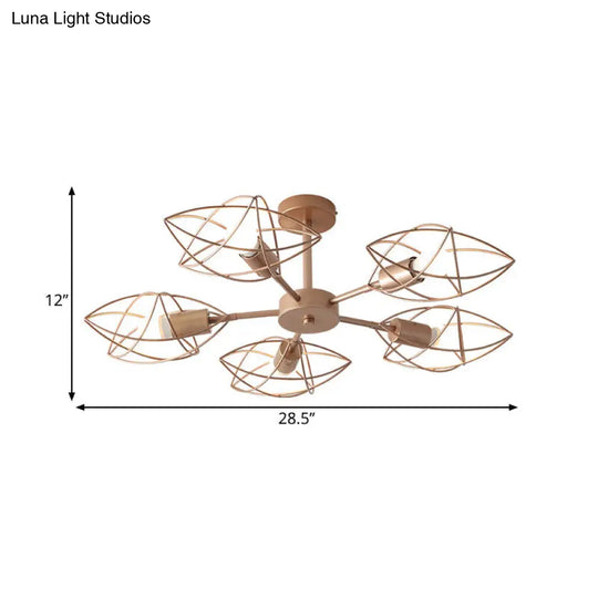 Colonial Iron Star Cage Gold Semi Flush Mount - 5-Light Close To Ceiling Lighting Fixture For