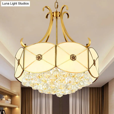 Colonial Ivory Glass Drum Restaurant Chandelier With Gold Accents & Crystal Ball - 4 Heads