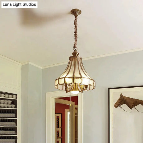Colonial Sandblasted Glass Brass Scallop Chandelier Pendant Light - 5 Lights Suspension Lamp For