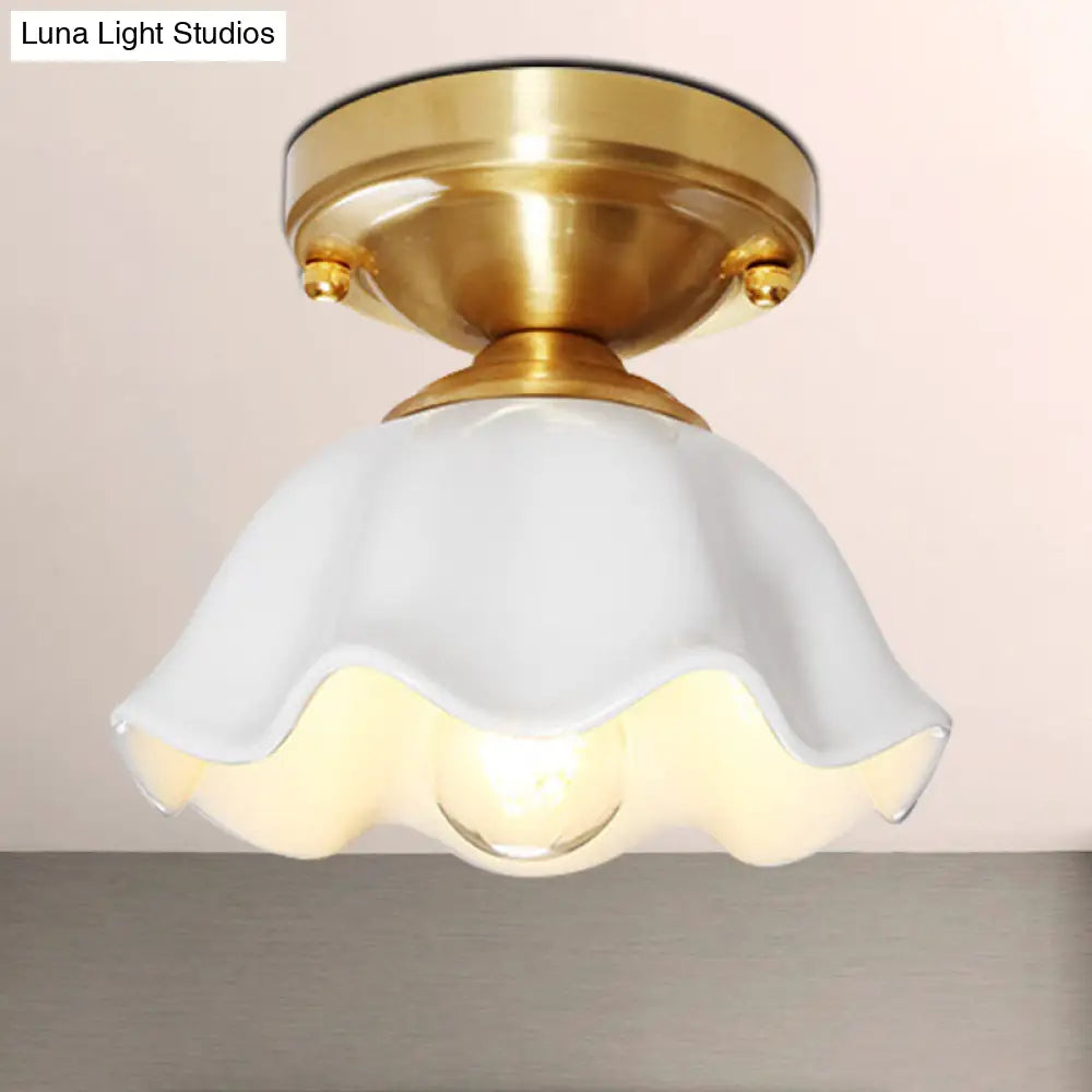 Colonial Style White Glass Ceiling Lamp With Scalloped Fixture For Living Room