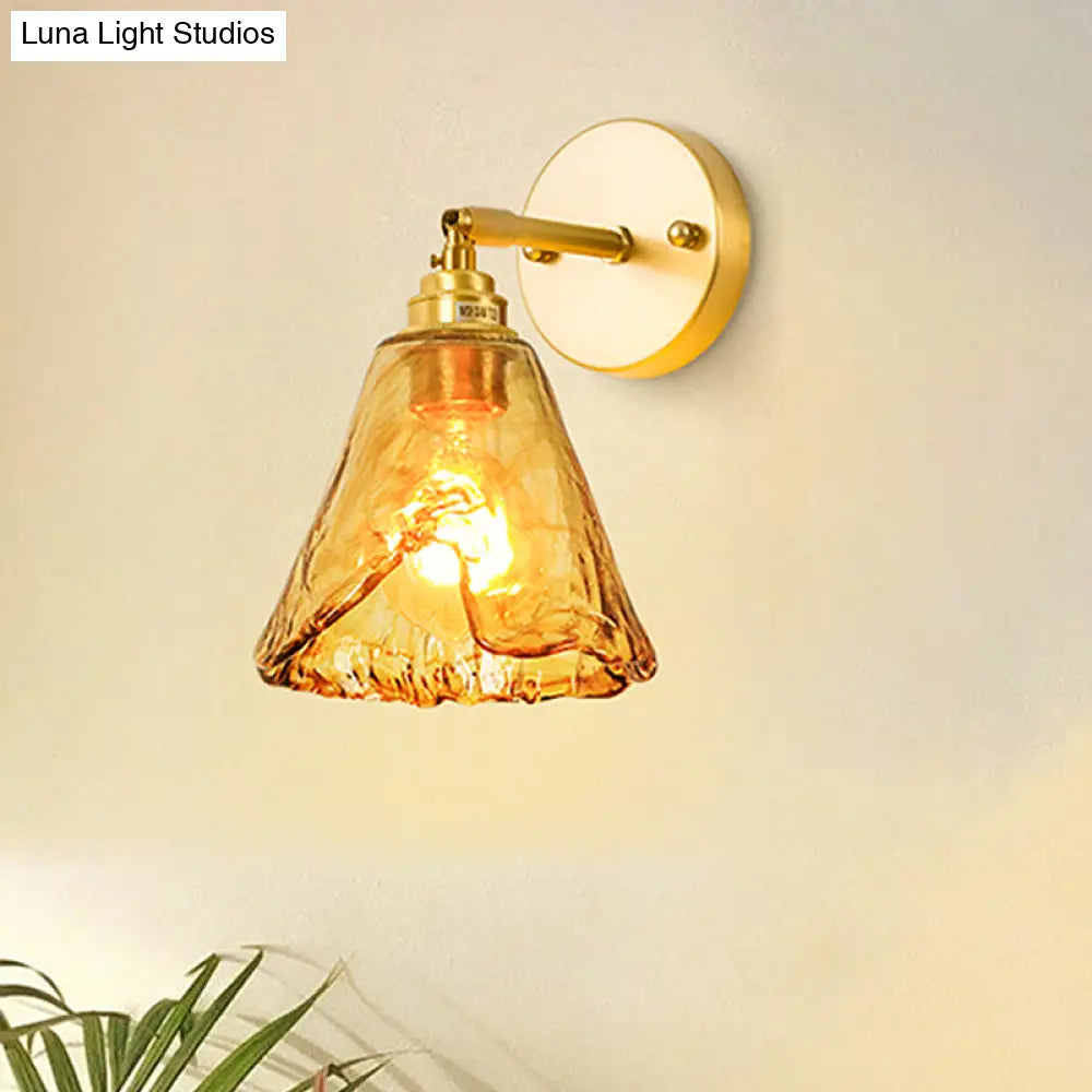 Colonial Wall Sconce In Tan Glass With Gold Saucer/Funnel Design - Bedroom Lighting Fixture