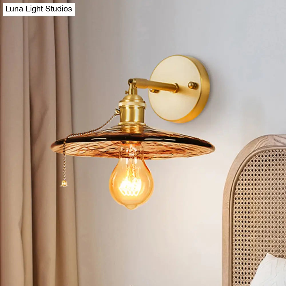 Colonial Wall Sconce In Tan Glass With Gold Saucer/Funnel Design - Bedroom Lighting Fixture