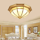 Colonial White Glass Dome Ceiling Light Fixture For Bedroom - Brass Flush Mount 3/4/6 Heads