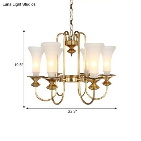 Colonial White Glass Floral Chandelier Light With Gold Accent - 3/6/8 Head Living Room Hanging Lamp