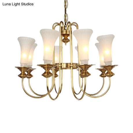 Colonial White Glass Floral Chandelier Light With Gold Accent - 3/6/8 Head Living Room Hanging Lamp