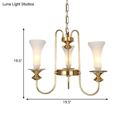 Colonial White Glass Floral Chandelier Light With Gold Accent - 3/6/8 Head Living Room Hanging Lamp