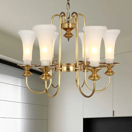 Colonial White Glass Floral Chandelier Light With Gold Accent - 3/6/8 Head Living Room Hanging Lamp
