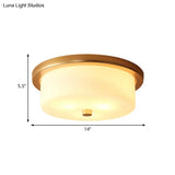 Colonial White Handblown Glass Drum Flush Mount Light With 3 Bulbs