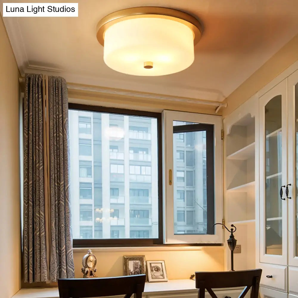 Colonial White Handblown Glass Drum Flush Mount Light With 3 Bulbs