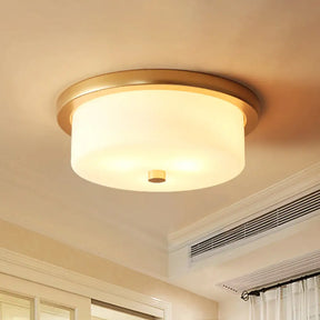 Colonial White Handblown Glass Drum Flush Mount Light With 3 Bulbs