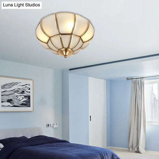Colonialism Scallop Ceiling Light - 11’/18’ W 3 Bulbs Satin Opal Glass Brass Finish