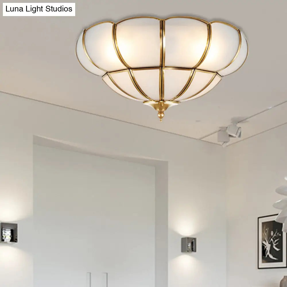 Colonialism Scallop Ceiling Light - 11’/18’ W 3 Bulbs Satin Opal Glass Brass Finish