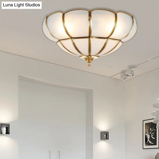 Colonialism Scallop Ceiling Light - 11’/18’ W 3 Bulbs Satin Opal Glass Brass Finish