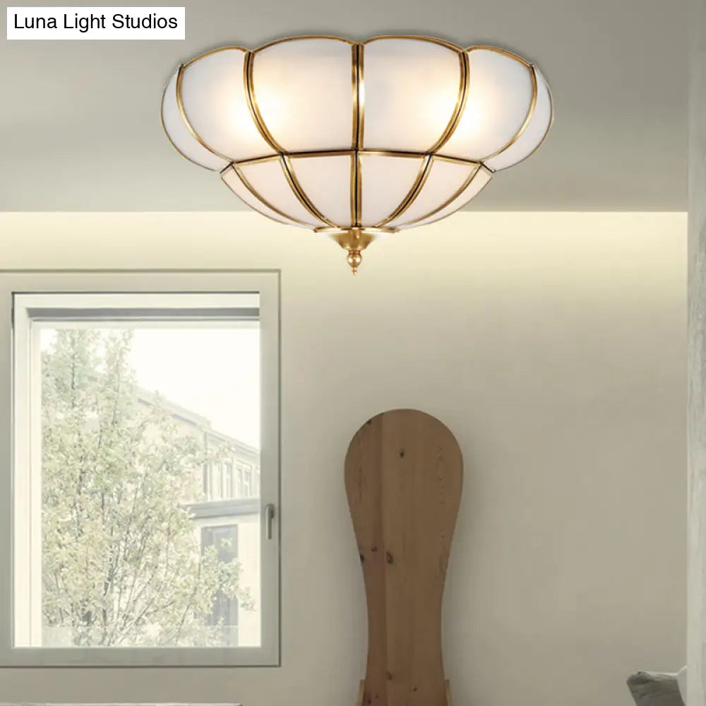 Colonialism Scallop Ceiling Light - 11’/18’ W 3 Bulbs Satin Opal Glass Brass Finish