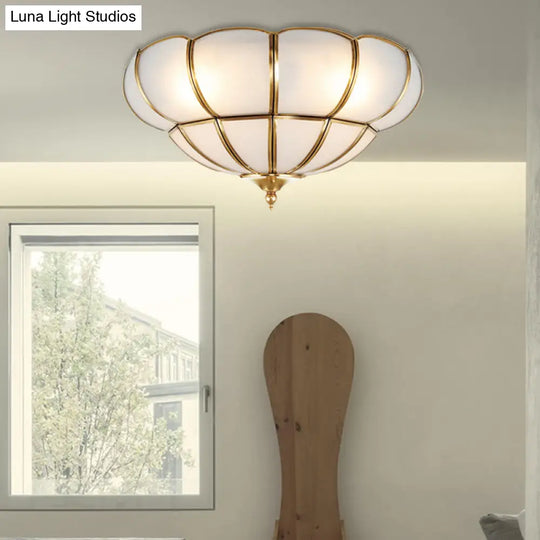 Colonialism Scallop Ceiling Light - 11’/18’ W 3 Bulbs Satin Opal Glass Brass Finish