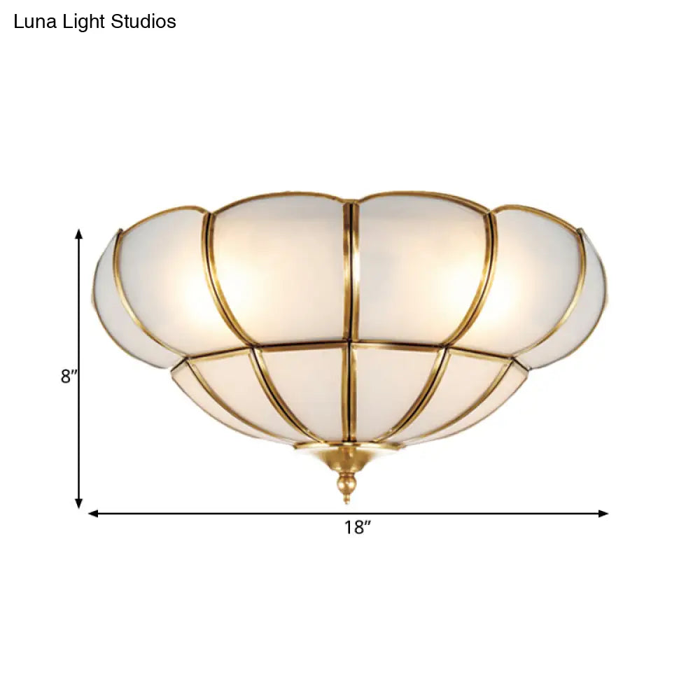 Colonialism Scallop Ceiling Light - 11’/18’ W 3 Bulbs Satin Opal Glass Brass Finish