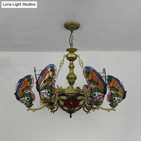 Colorful Glass Butterfly Chandelier With Red Flower/Rose Dome Shade For Staircase