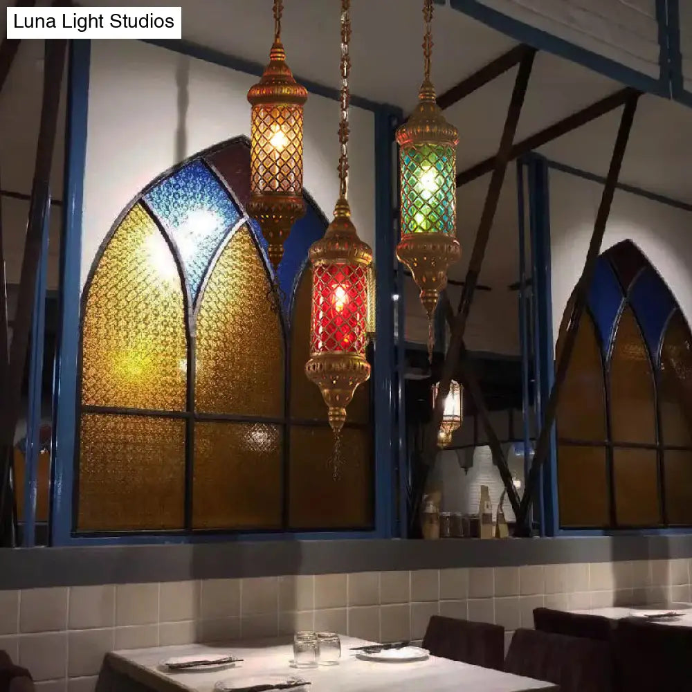 Colorful Glass Lantern Pendant Light For Restaurant - Traditional Design