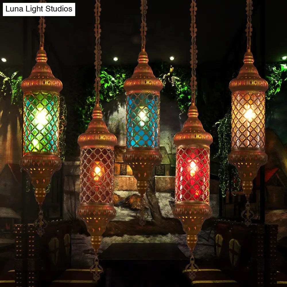 Colorful Glass Lantern Pendant Light For Restaurant - Traditional Design