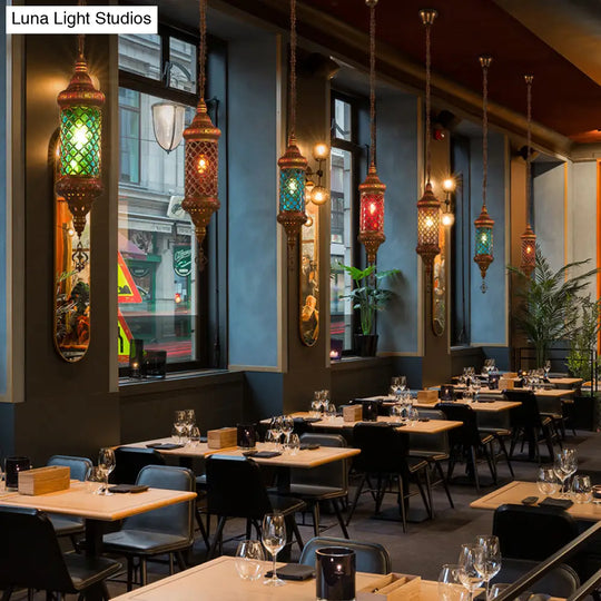 Colorful Glass Lantern Pendant Light For Restaurant - Traditional Design