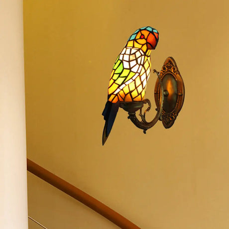 Colorful Glass Tiffany Parrot Wall Sconce: Stylish Indoor Mount Light For Corridors Yellow