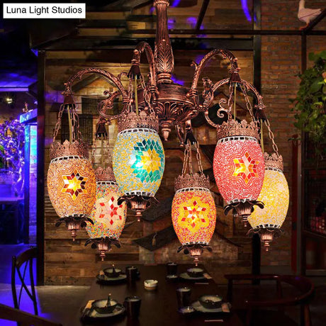 Colorful Glass Vintage Droplet Chandelier With 6 Heads Copper Suspension Light For Restaurants