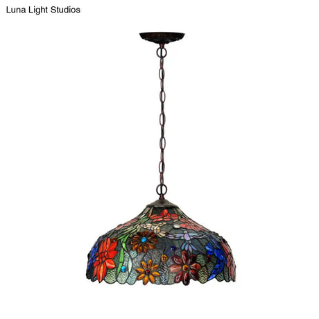 Colorful Petal Glass Chandelier Light Fixture - 3-Light Bronze Suspension Lighting For Dining Room