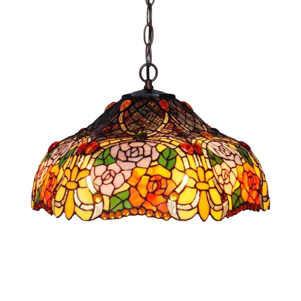 Colorful Petal Glass Chandelier Light Fixture - 3-Light Bronze Suspension Lighting For Dining Room