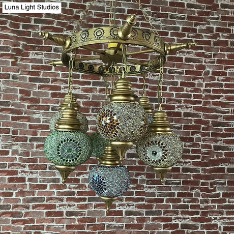 Colorful Retro Glass Globe Ceiling Chandelier - Bronze Pendant Lighting For Living Room